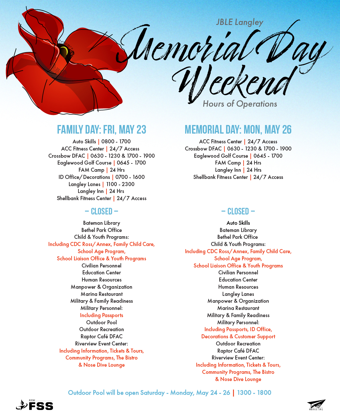 633d FSS Memorial Day Hours of Operation